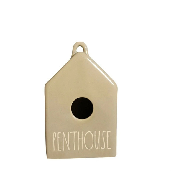 Rae Dunn Ceramic Penthouse 9" Birdhouse Feeder Taupe New - Picture 1 of 12